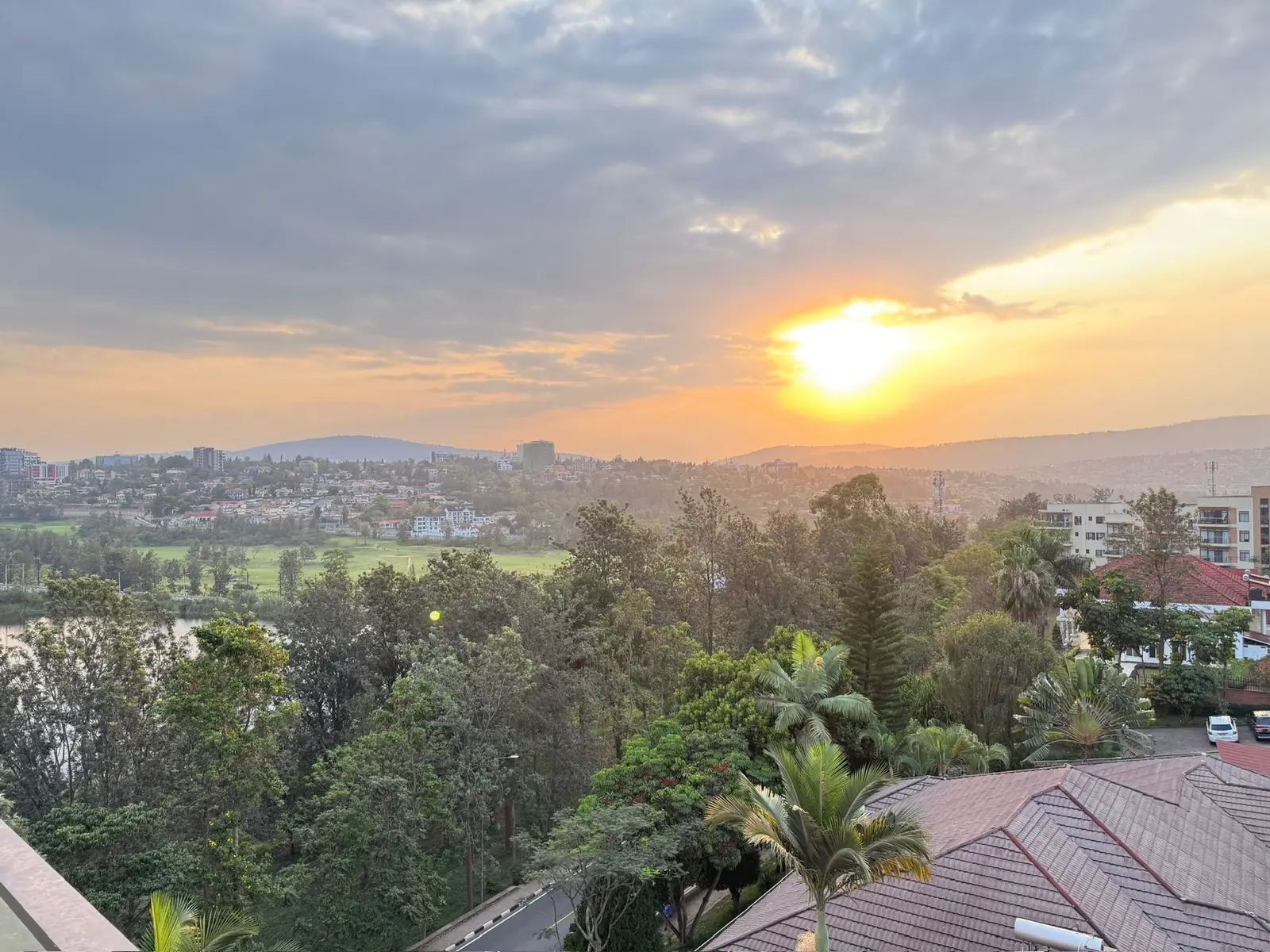 Goldener Sonnenuntergang über Dächern mit Palmen im Vordergrund